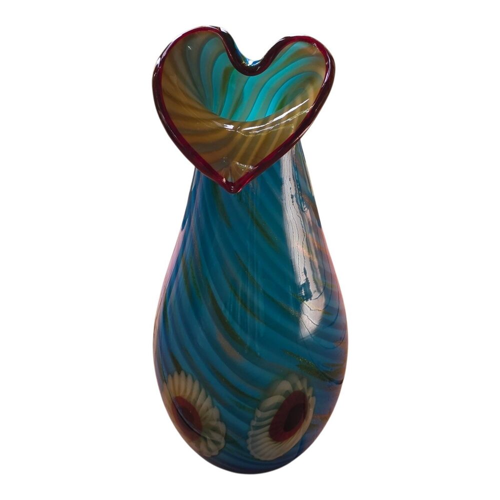 Murano Art Glass Vase 18.75"  Blue Swirl Flowers Heart
